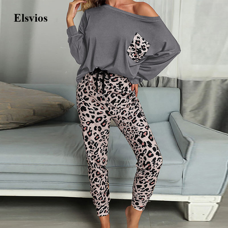 

Women's Tracksuits Women Sets Homewear Casual Off Shoulder T Shirt Tops+Leopard Pants Pajama Suit 2021 Spring Autumn Drawstring Lo, Green