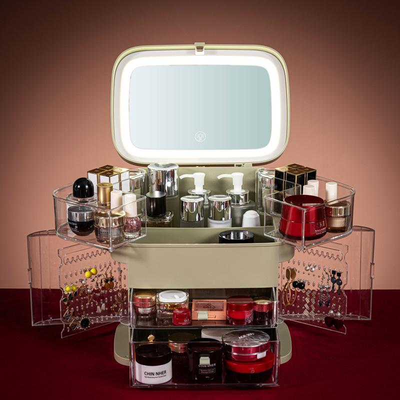 

Storage Boxes & Bins Cosmetic Box With Mirror Led Light Desktop Makeup Organizer Case Dust-Proof Drawer Type For Cosmetics, Green with light led