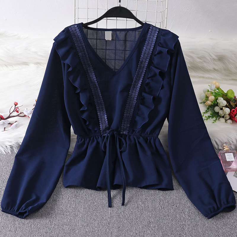 

Drawstring Sash Ruffles Women Blouse V-Neck Lace Patchwork Vintage Blusa Spring Summer Solid Slim Fashion Tops Lady 210518, White