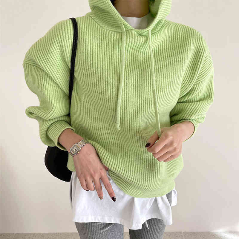 

Candy color loose hang strip casual all-match long-sleeved hooded patch knitted sweater women 210525, Pink