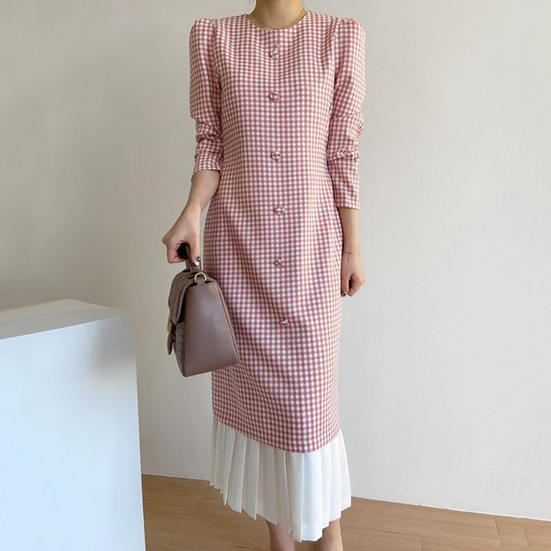 

Casual Dresses Elegant Retro Korea Chic Single-breasted Contrast Autumn Long Sleeve O Neck Red Plaid Dress Pleated Vestido Feminino Robe Wom, Black;gray