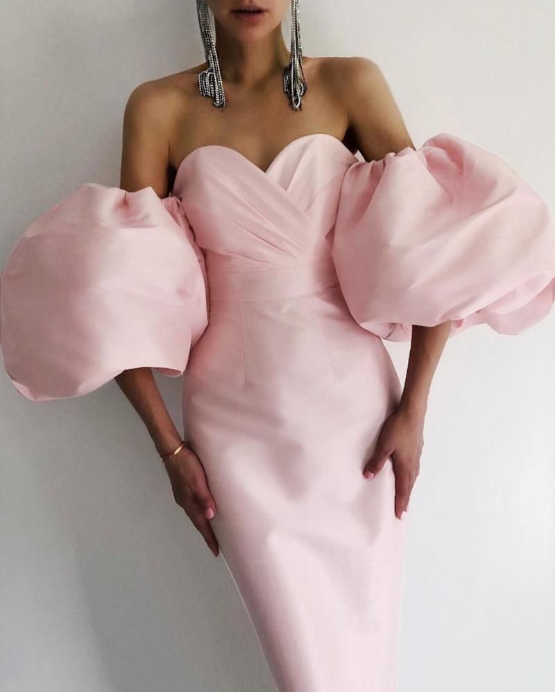

Casual Dresses Vero Sinly Sexy Off Shoulder Puff Sleeve Black Pink Bodycon Women Bandage Dress 2021 Elegant Evening Party Vestido