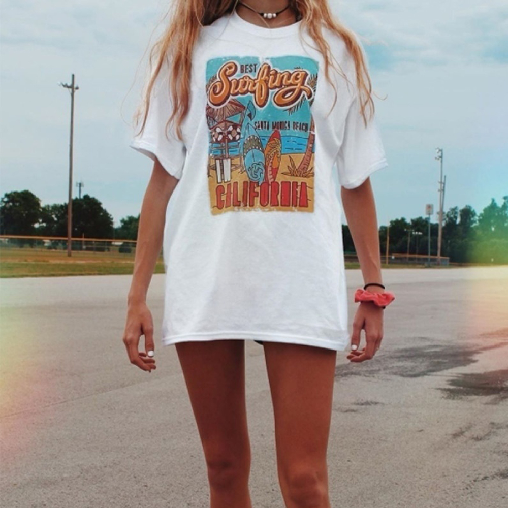 

Vacation Beach T Shirt Summer White Tee The Best Surfing Womens Retro Style T Shirt Casual Oversized Tee, No bad day