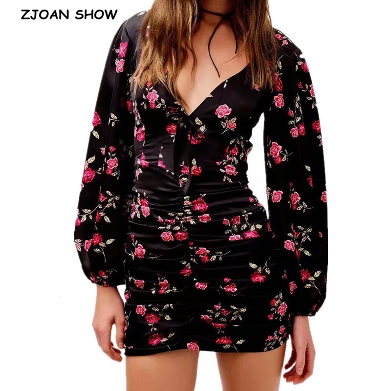 

Casual Dresses Retro Ruched Package hips Floral Print Mini Bodycon Dress French style Women Sexy Long sleeve Short Party Vestido O, Black