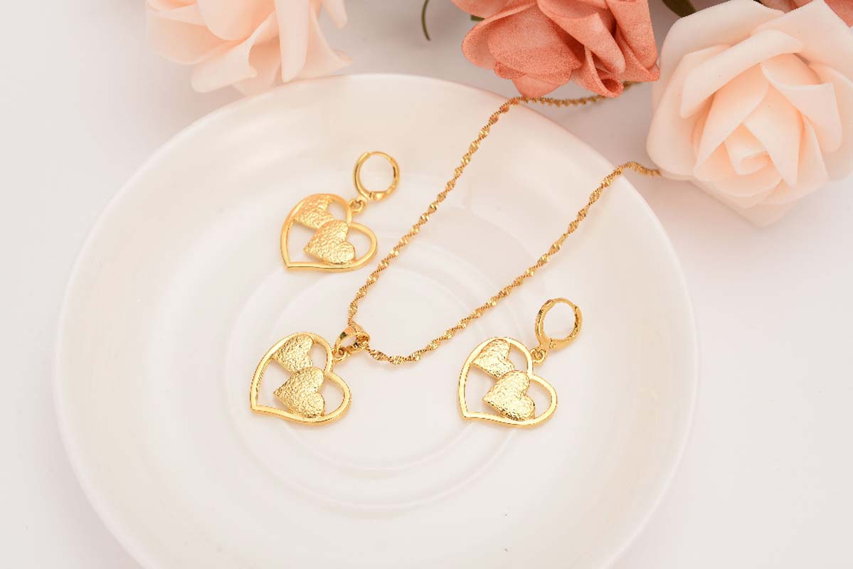 18 k Solid Gold love heart linked Big small set Pendant Chain Earrings African Bride Wedding Bijoux girls-image-678382267