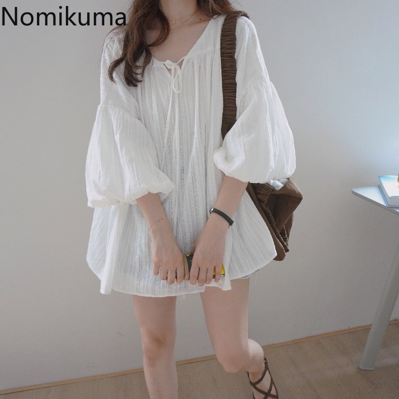 Nomikuma Vintage Lantern Sleeve Causal Women Blouse Korean Medium-long Lace Up V-neck Blusas Spring New Loose Shirt 6E693 210427