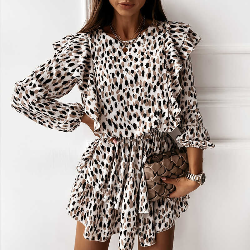 

Autumn Cascading Ruffle Floral Dress Women Casual Long Sleeve A Line Leopard Print Dress Boho Female Elegant Mini Party Vestidos, Black;gray