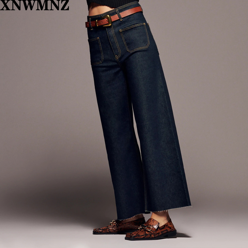 

XNWMNZ Za women Fashion premium patch pocket marine straight jeans ladies Vintage High-waist jeans Female trousers girls pants, Blue