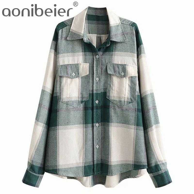 

Women Fashion Oversized Check Asymmetric Blouses Vintage Long Sleeve Pockets Side Vents Female Shirts Chic Tops 210604, Green