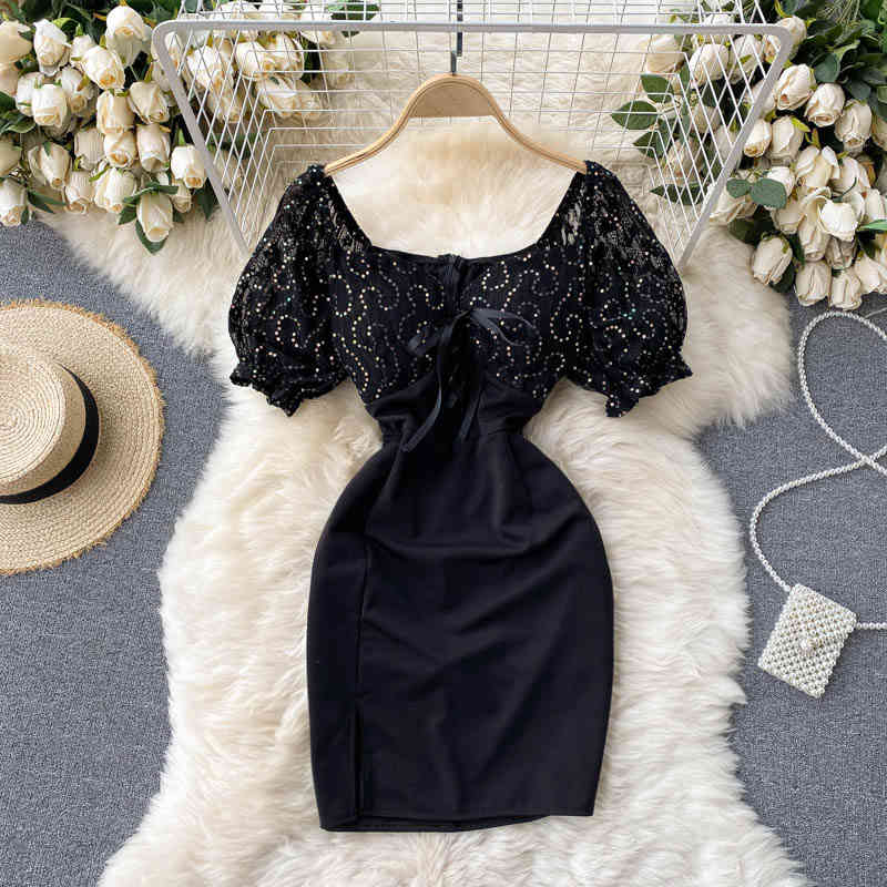 

Women Embroidery Sequins Lace Puff Sleeve Buttocks Dress Square Collar Slim Short Fashion Spring Summer 11B756 210525, White