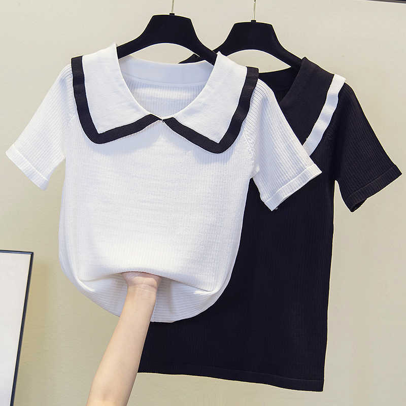 

Oversized Summer Ladies Sweater Pullover Patchwork Color V-necksleeve sleeved Knitted Cashmere Sweater Thin Casual Top 210604, Black