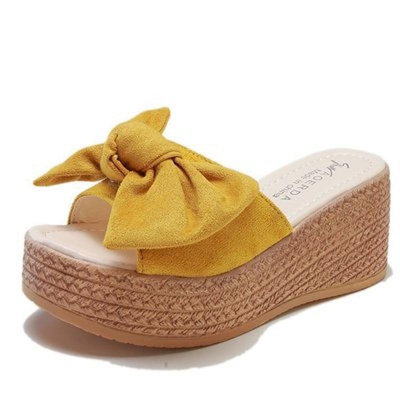 

Dress Shoes 2021 Wedge Heels Slippers Women Cow Suede Bow 4cm Platform Mulers Female Sandals Clog Slides, Black