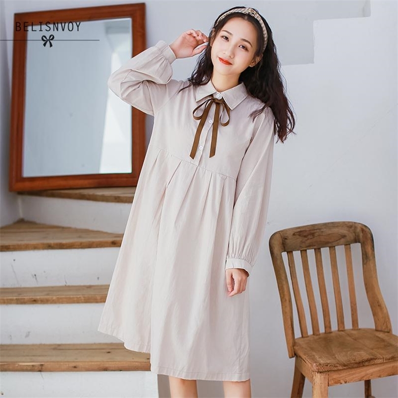 

Japanese Preppy Style Cotton Dress Spring Autumn Women Long Sleeve Loose Vintage es Navy Blue Apricot Sweet Bow 210520, Khaki
