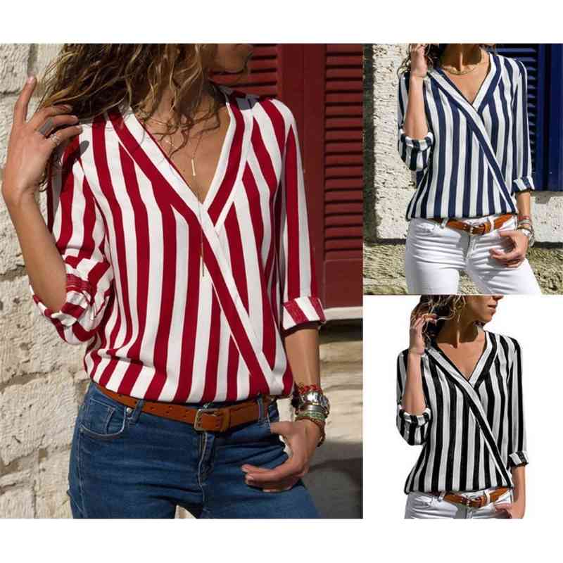 

Autumn new long sleeve V-neck stripe women's Shirt Top, Black