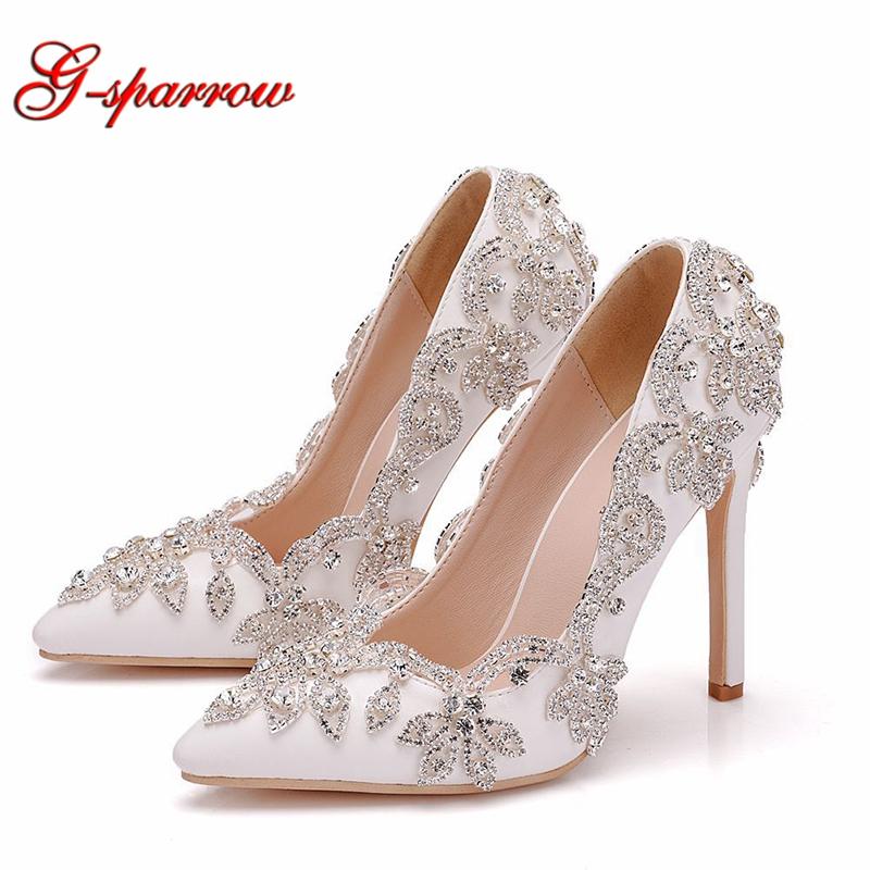 

Inches High Heel Women Pumps Pointed Toe White Rhinestone Bridal Wedding Dress Shoes Bling Cinderella Size 41, Black