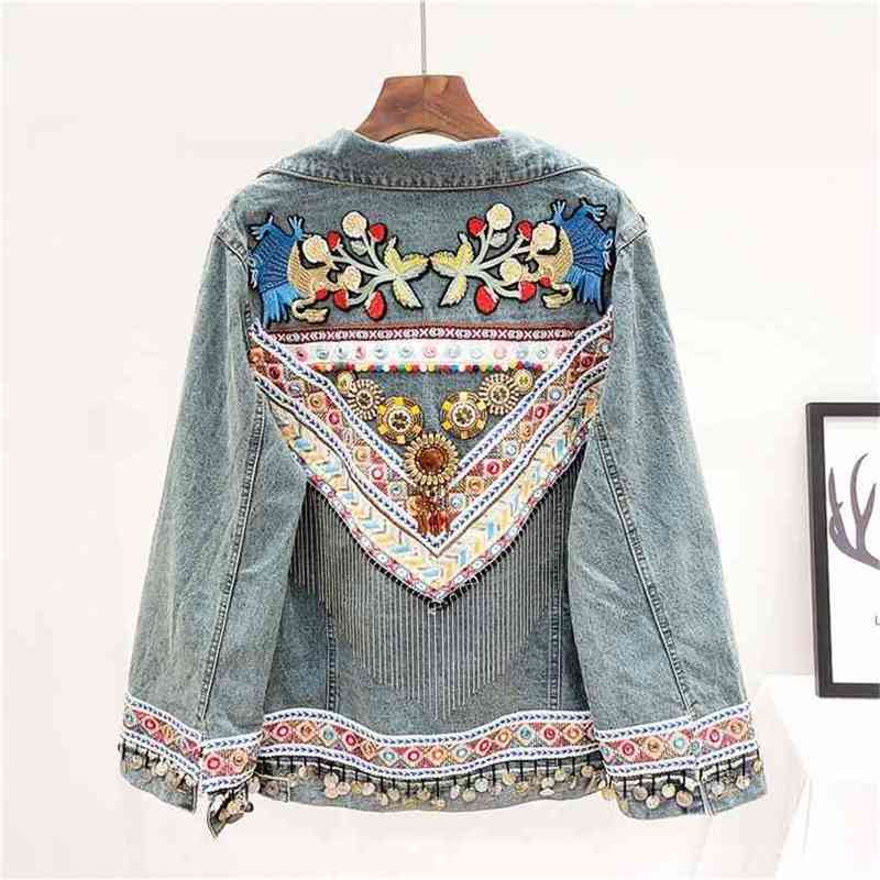 

Denim Jacket Woman Boho Embroidery Light Blue Loose Coat Vintage Chic Chains Female Spring Summer 210603
