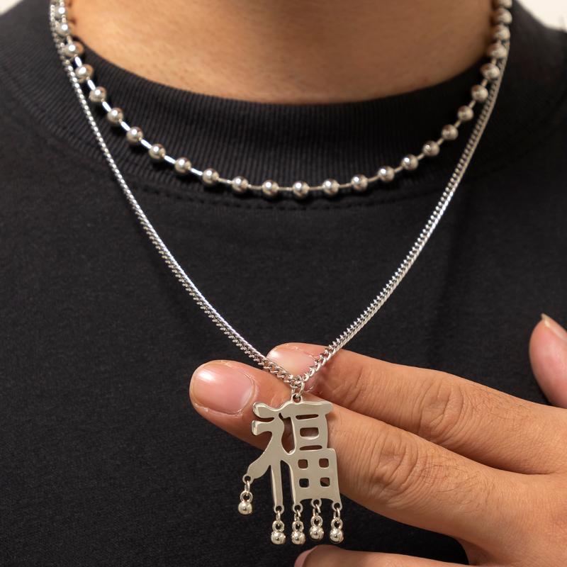 

Pendant Necklaces 2pcs/Set Titanium Steel Necklace For Women Men Chinese Hip Hop Beads Chain Fashion Jewelry Accessories Gift, Silver