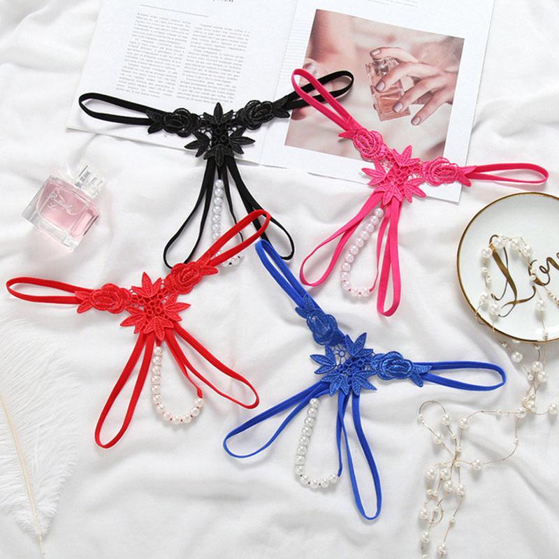 

Women's Panties Sexy Open Files Thong Pearl Embroidery Water Soluble Flower T-Shaped Low Waist Lace See-through, White