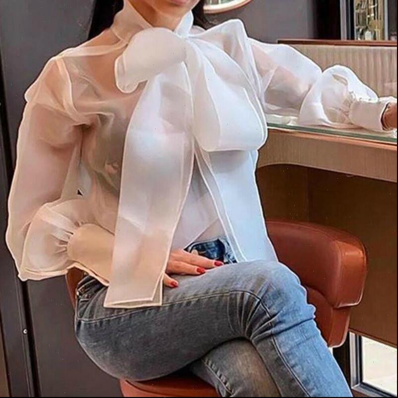

See through Sheer Mesh Dot Womens Blouses Puff Long Sleeve Tops Color Organza Loose Sexy Chiffon, White