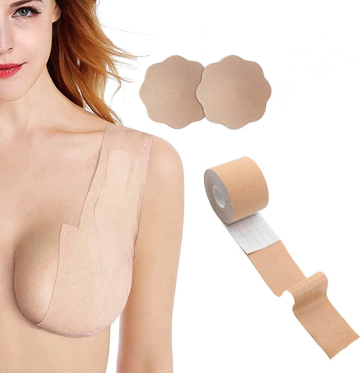 

Breathable Breast Lift Tape and 2 Pcs Petal Backless Nipple Cover Set, Athletic Tape with Silicone Breast Petals Reusable Adhesive Bra for