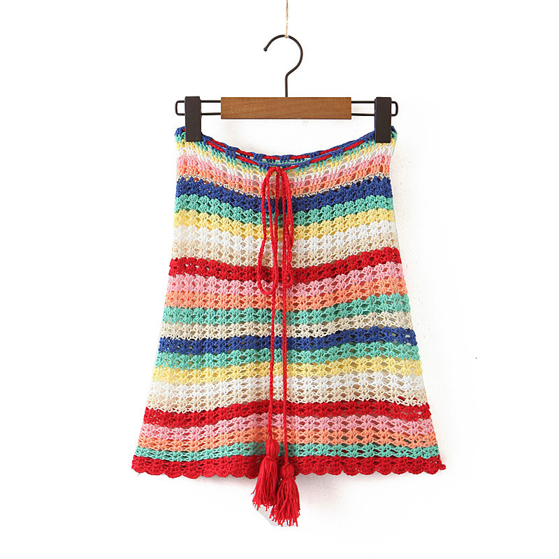 

Women Colorful Stripes Handmade Crochet Knitted Lace Up Bohemian Bathing Suit Sexy Skirts Beach Bikini Swimwear Cover-Ups, Color as shown
