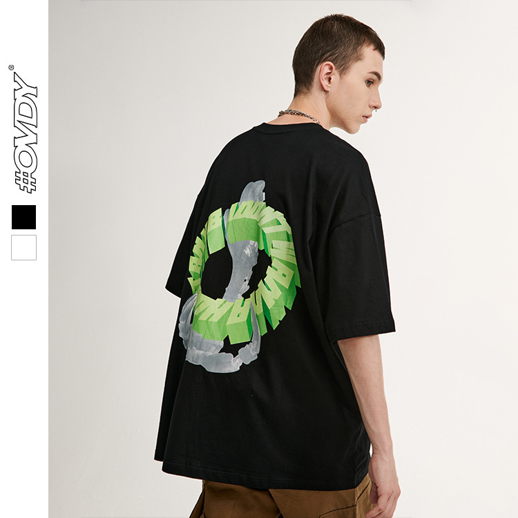 

wxwovdy men's 2021 spring and summer new street trend ipulator letter printing loose round neck short sve, White;black