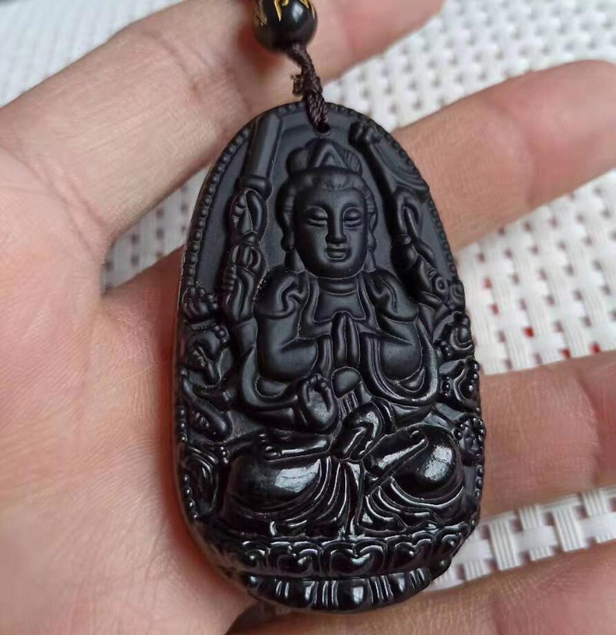 

Natural black flared stone jade Buddha amulet good luck pendant free deli very, Silver
