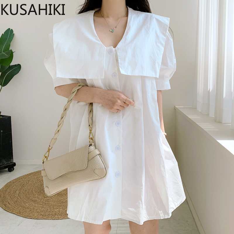 

KUSAHIKI Sweet Sailor Collar Woman Dress Korean Causal Puff Sleeve Blouse Dresses Summer Single Breasted Vestidos 6J417 210602, White