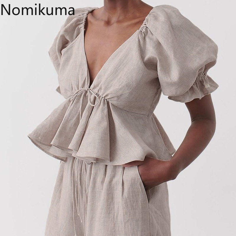 Nomikuma Spring cotton linen Women Blouse Shirt Sexy Bow Tie Backless Top New Puff Sleeve V-neck Ruffle Sweet Blusas 6F660 210427