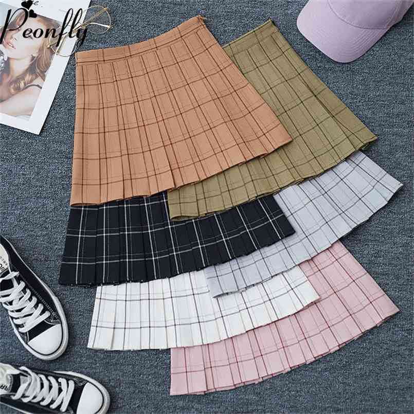 

PEONFLY Sweet Women Pleated Skirt Fashion Plaid A-Line Mini High Waist Chic Kawaii Summer Casual Ladies 210702