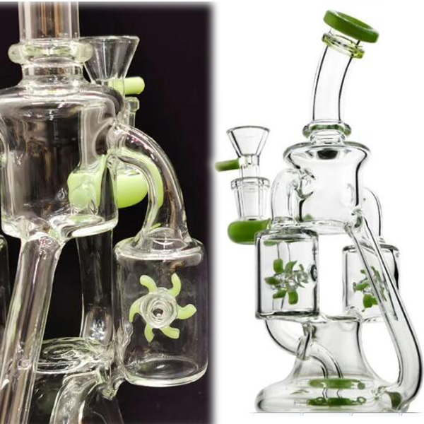 

Purple Green Double Recycler Bong Hookahs Propeller Spinning Percolator Water Pipes Dab Rigs 14mm Female Joint Glass Bongs