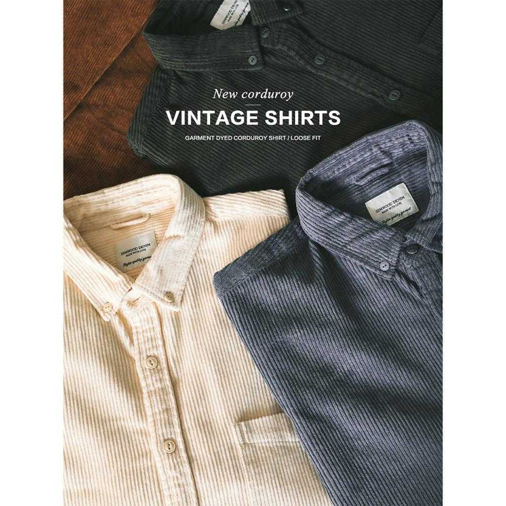 

Autumn Retro Corduroy Shirts Men Garment Dyed Warm Loose 100% Cotton Plus Size Quality Clothes SK130050 210721, Smoky grey