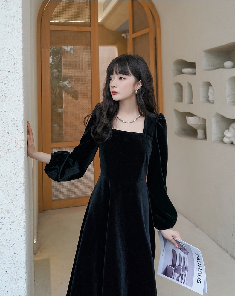 S-Xl Plus Size Spring Girls Solid Female Vintage Dress Party Velvet Evening Long Sleeve Women Dresses Robe Vestido 210417Z