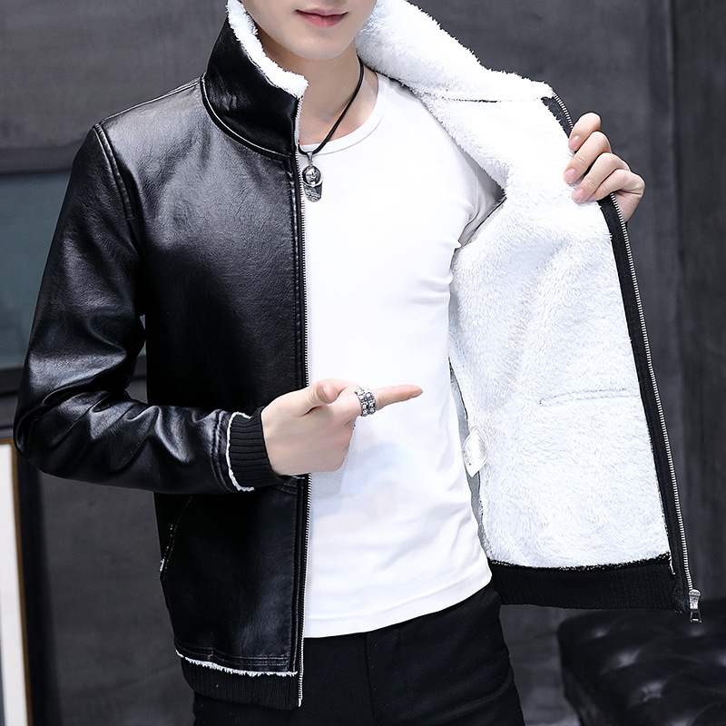 

Winter plus velvet PU leather big size loose fat stand-up collar jacket padded, Black