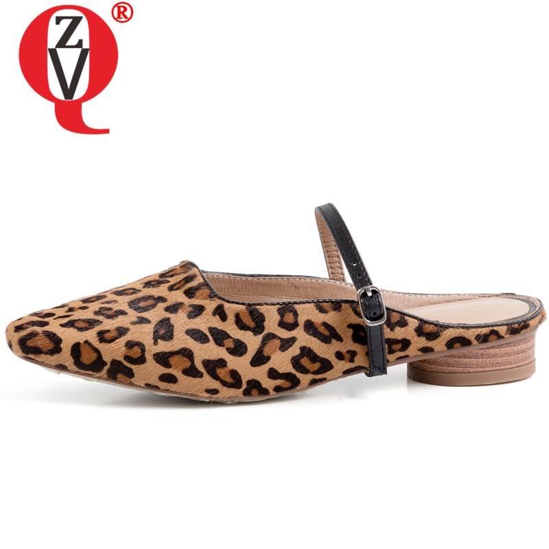 

Slippers ZVQ Party Leopard Pattern Genuine Leather Woman Summer Black White Sheepskin Insole Falts With Mules Shoes