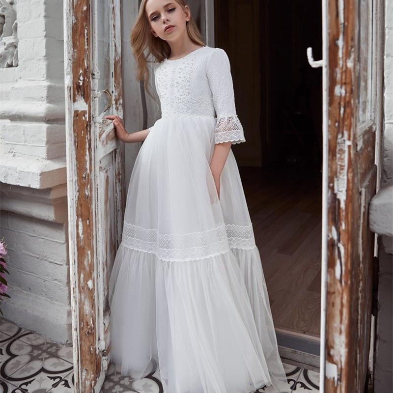 

Girl's Dresses Bohemian Flower Girl For Wedding Lace Appliques A Line Kids Pageant Gowns Half Long Sleeves First Communion Dress, All ivory