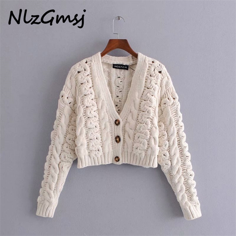 

Sweater Women Solid Twist Cardigan Vintage Jumper Short Style Buttons Oversized Knitted Coat 210628, As picture