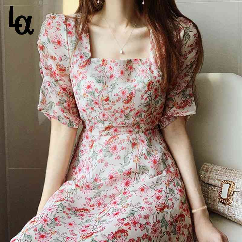 

Pink Chiffon Elegant Print Floral Dress Women Summer Sweet Patchwork Female Casual Party Holiday Korean 210519