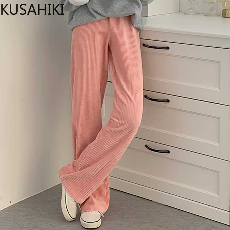 

KUSAHIKI Corduroy Women Wide Leg Pants Korean Stretch High Waist Long Trousers Spring Causal Solid Pants Mujer 6E588 210602, Pink