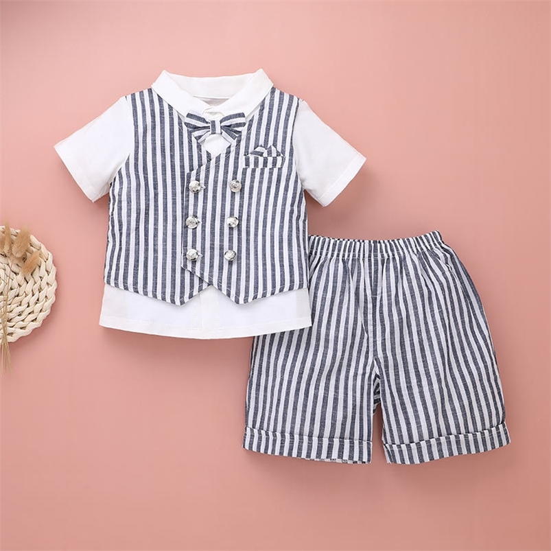 

Summer Children Sets Short Sleeve Double Breasted Patchwork T-shirt Striped Shorts Girl Boys Clothes 210629, Sk-a1346c