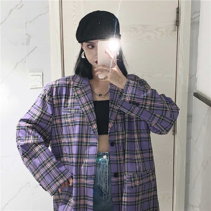 

Korean Ulzzang Plaid Punk chic Harajuku Casual Loose Large Size Winter Vintage ins Fashion Women Long Sleeve Hip Hop Jacket 210608, Purple
