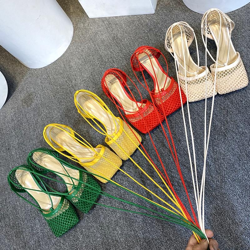 

Hollow Breathable Mesh Women Sandals Square Toe Stiletto High Heels Ankle Lace-Up Elegant Dress Shoes Large Size 43 Pumps, Black
