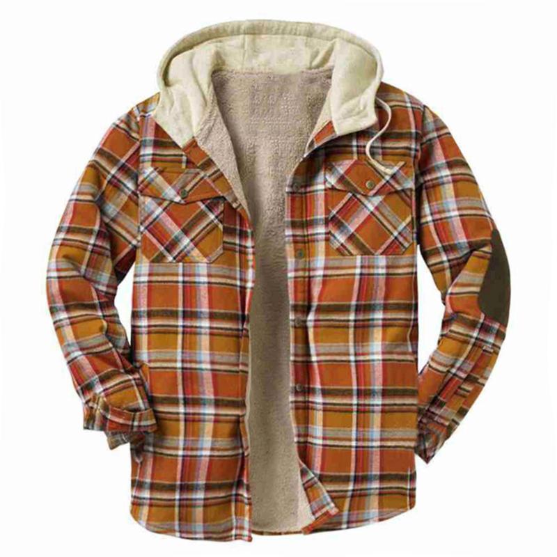

Men's Jackets Plaid Hooded Jacket Autumn Winter Thick Cotton Fur Pocket Padded Long-sleeved Casual Loose Shirt Top #40, Orange