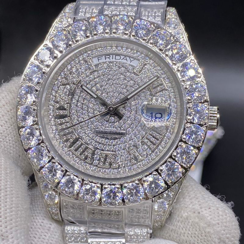 

Silver Full Diamond Large Dial Luxury Men's Watch Stainless Steel Strap Automatic Date