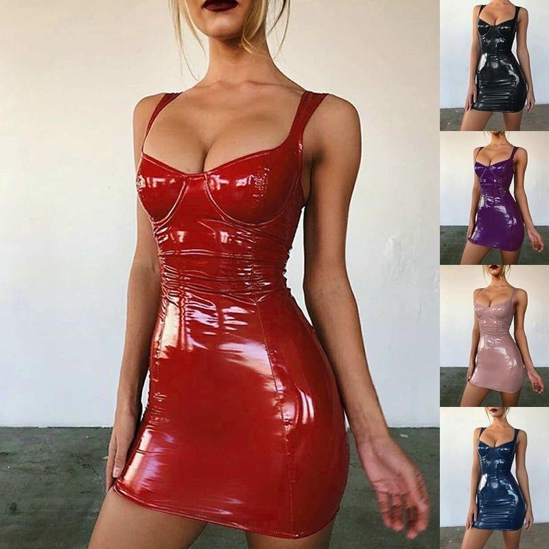 

Casual Dresses Sexy Wet Look Faux Leather Pencil Mini Bodycon Dress Women Zippers Strap V Neck PU Slim Black Red Short Vestido Clubwear, Black;gray