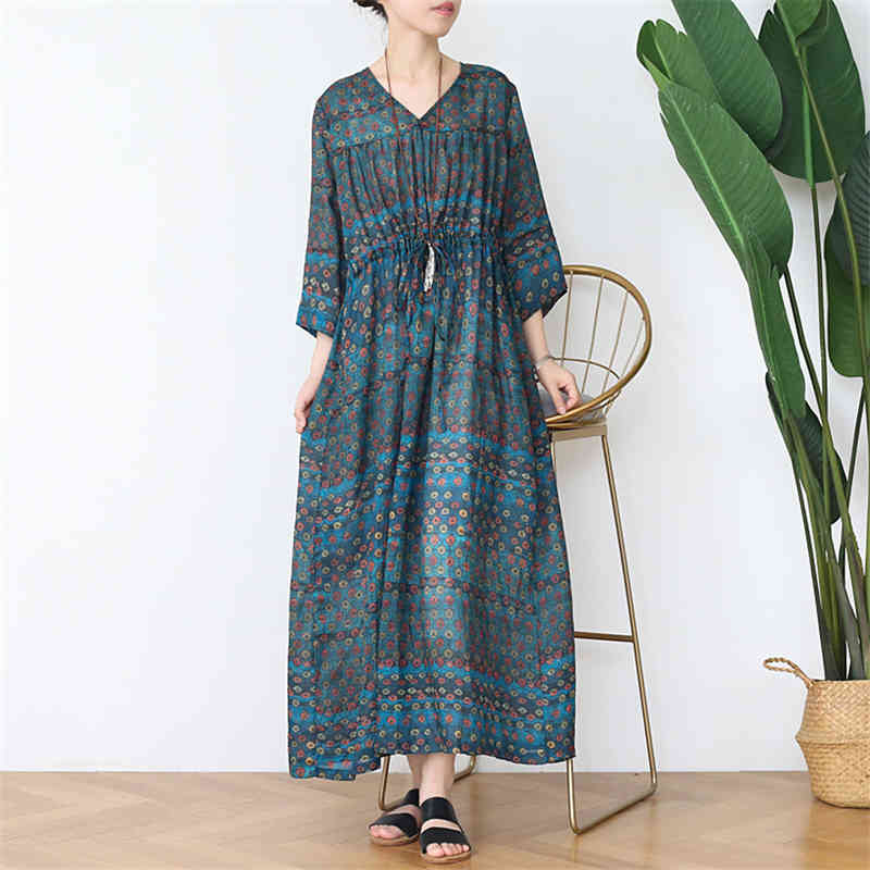 

Johnature Autumn Vintage High Quality Ramie Dresses For Women Print Floral High Waist V-Neck Seven Sleeve A-Line Dress 210521, Green