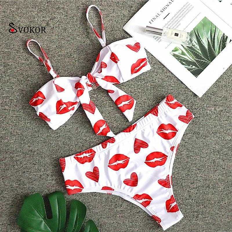 

SVOKOR Swimsuit Red Lip Print Bikini Ladies Split Seamless Push Up Wireless Swimwear Women, White