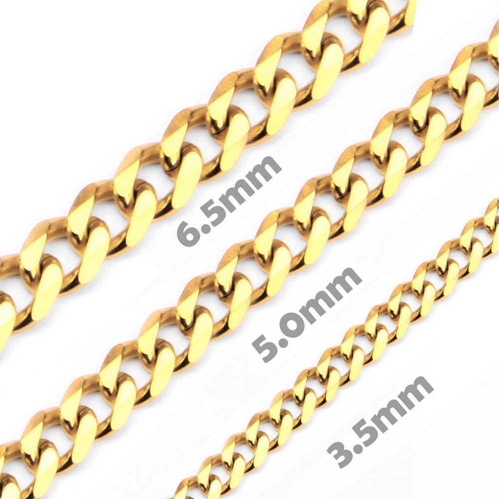 

3.5mm 5mm 6.5mm Gold Stainless Steel Chain Cut Curb Cuban Chains Link Necklace Lobster Clasp for Men Women 18-30inch Length with Velvet Bag
