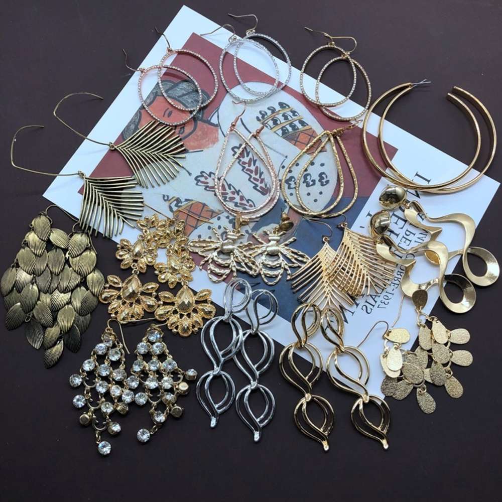 

earrings Gold geometric long Tassel feather Diamond Earrings hollow water drop earrings, Golden