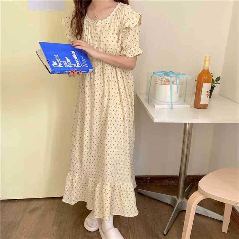

Apricot Printed Chic Florals Homewear Princess Dress Summer Loose Sweet Pajamas Cotton Sleepwear Nightdress 210525, Photo color